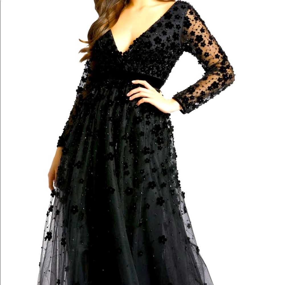 Mac Duggal Velvet Floral Applique Long Sleeve Gown